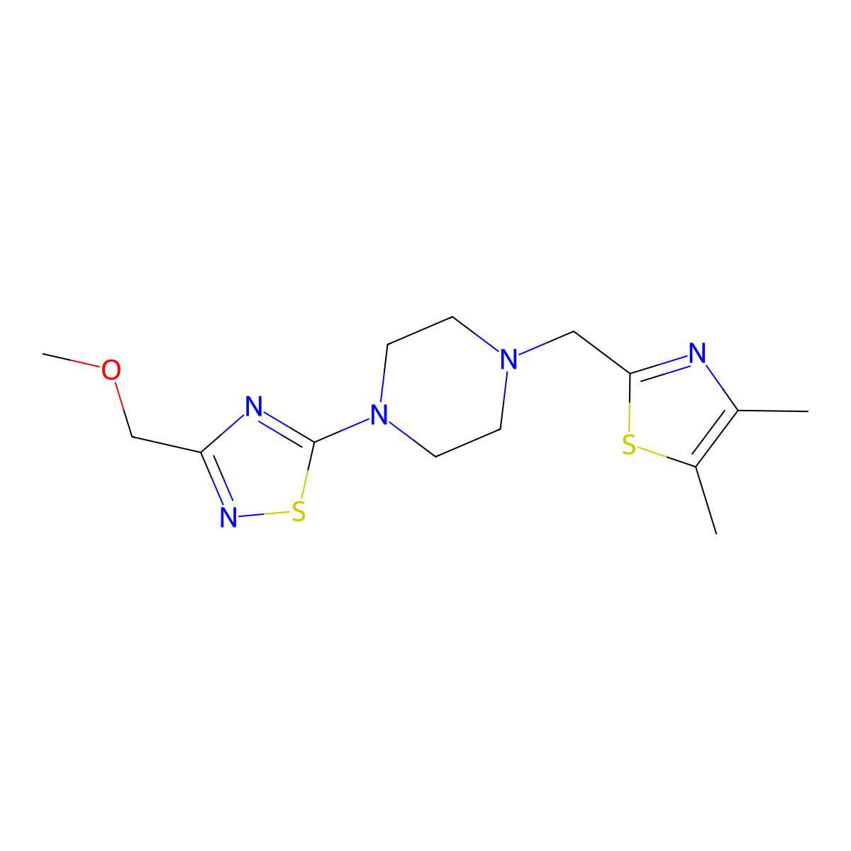 1-[(4,5-Dimethyl-1,3-thiazol-2-yl)methyl]-4-[3-(methoxymethyl)-1,2,4-thiadiazol-5-yl]piperazine molecular structure, CAS 3054559-89-3