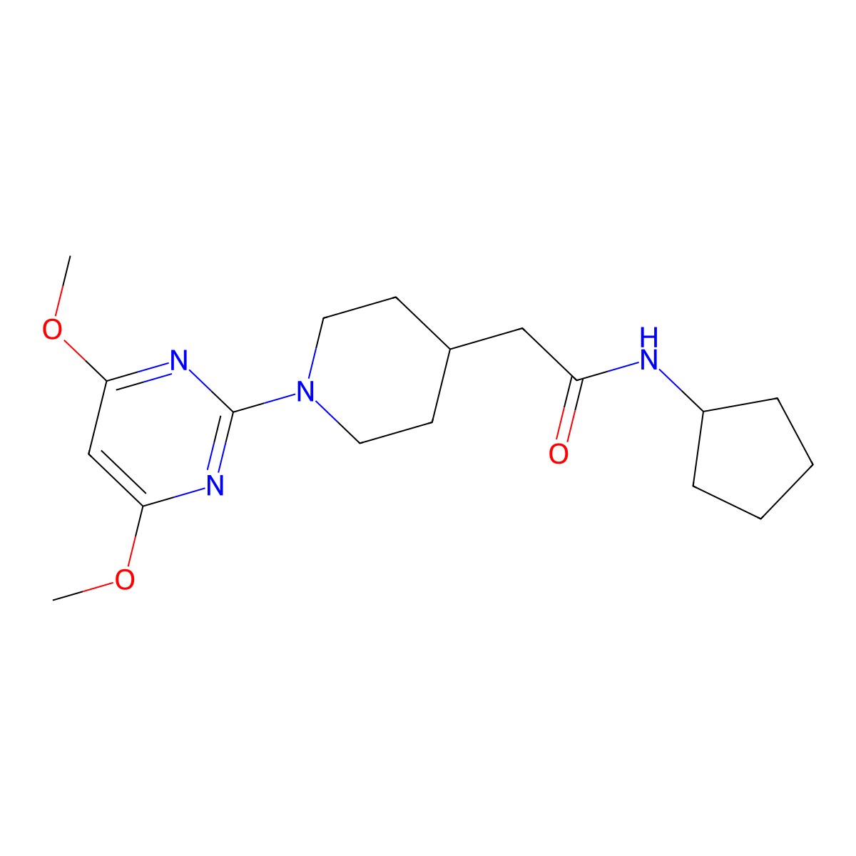 N-cyclopentyl-2-[1-(4,6-dimethoxypyrimidin-2-yl)piperidin-4-yl]acetamide molecular structure, CAS 3054559-95-1