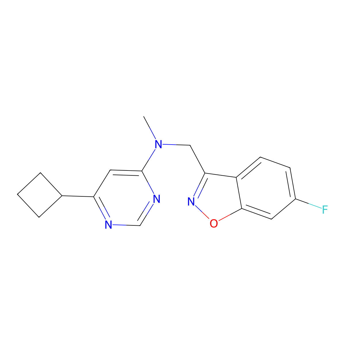 6-cyclobutyl-N-[(6-fluoro-1,2-benzoxazol-3-yl)methyl]-N-methylpyrimidin-4-amine molecular structure, CAS 3054559-96-2