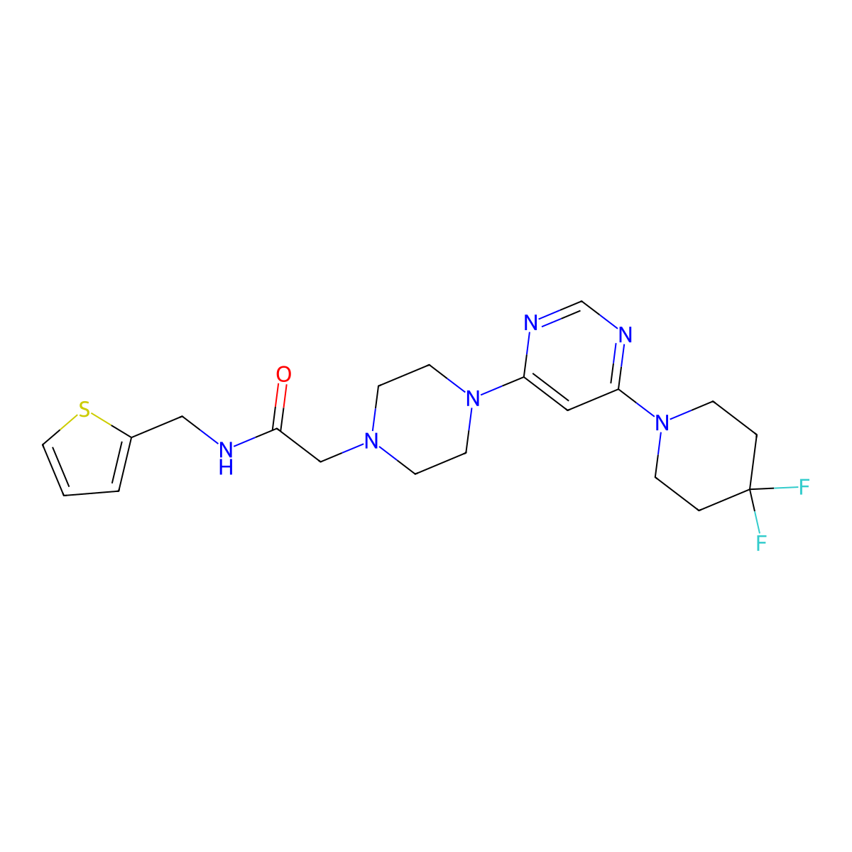 2-{4-[6-(4,4-difluoropiperidin-1-yl)pyrimidin-4-yl]piperazin-1-yl}-N-[(thiophen-2-yl)methyl]acetamide molecular structure, CAS 3054559-97-3