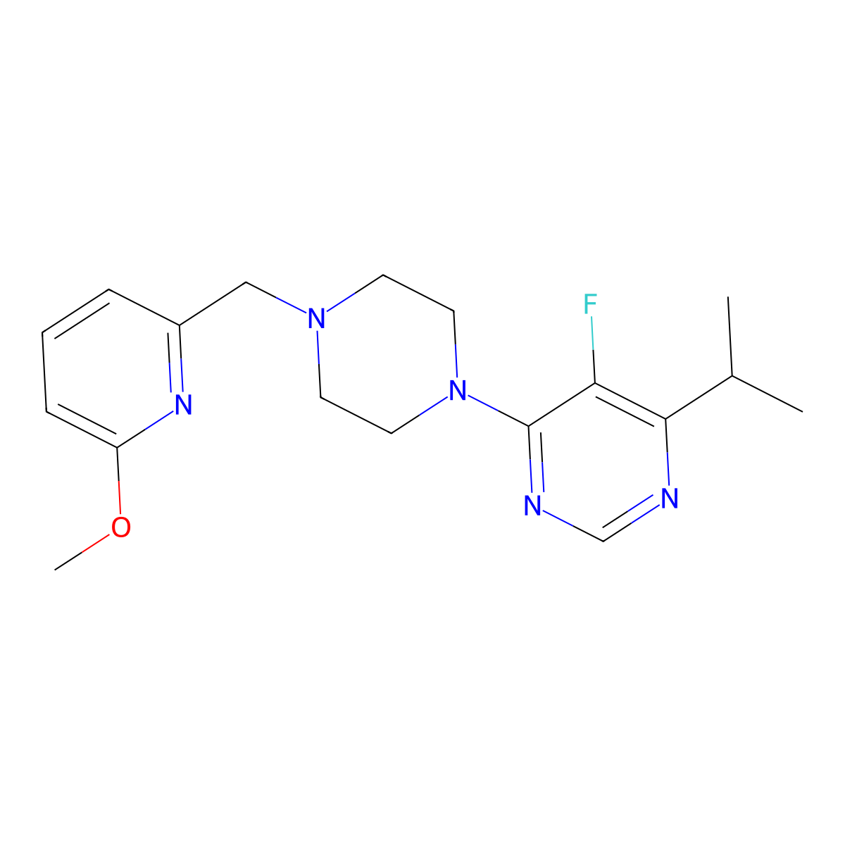 5-Fluoro-4-{4-[(6-methoxypyridin-2-yl)methyl]piperazin-1-yl}-6-(propan-2-yl)pyrimidine molecular structure, CAS 3054560-07-2