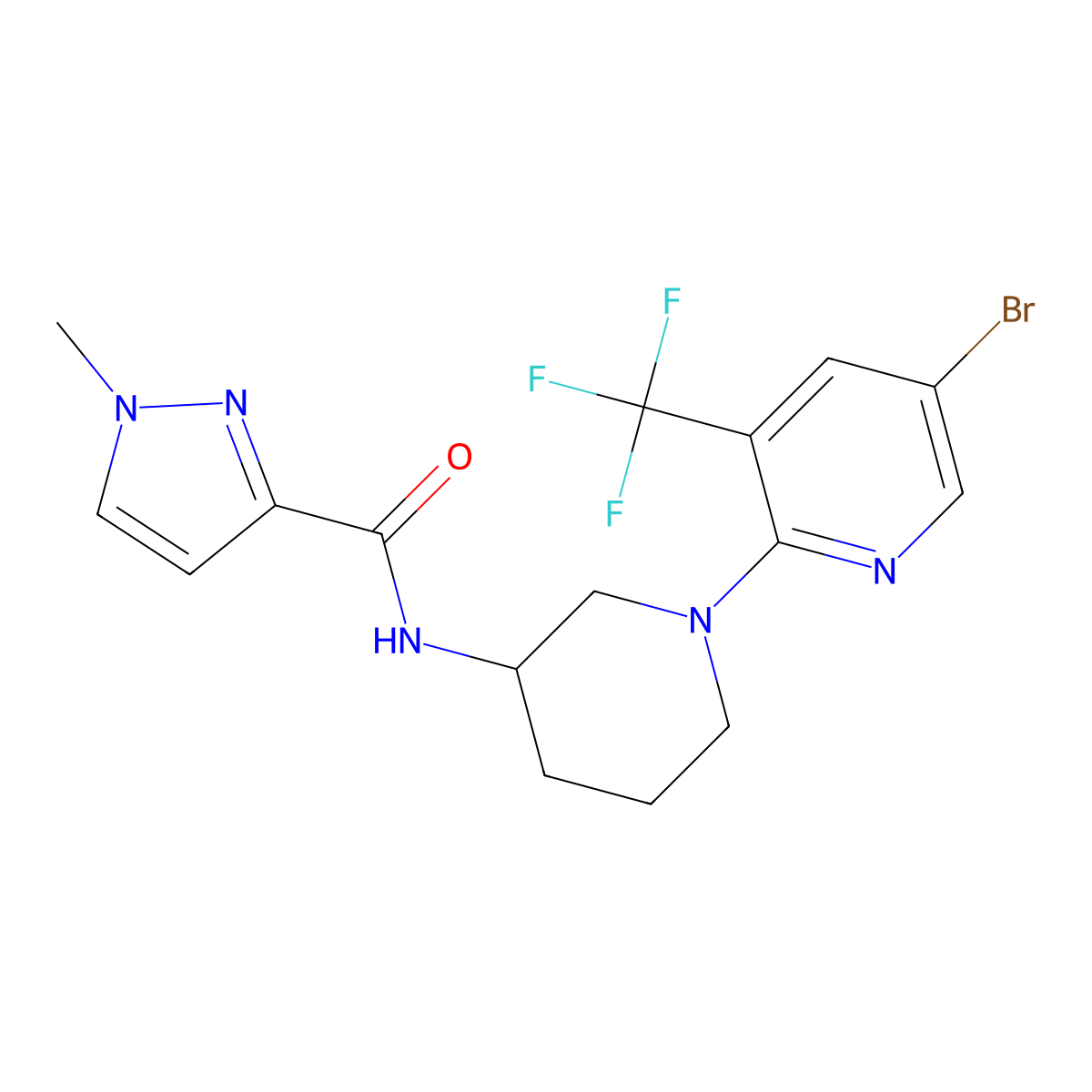N-[1-[5-bromo-3-(trifluoromethyl)pyridin-2-yl]piperidin-3-yl]-1-methylpyrazole-3-carboxamide molecular structure, CAS 3054560-14-1