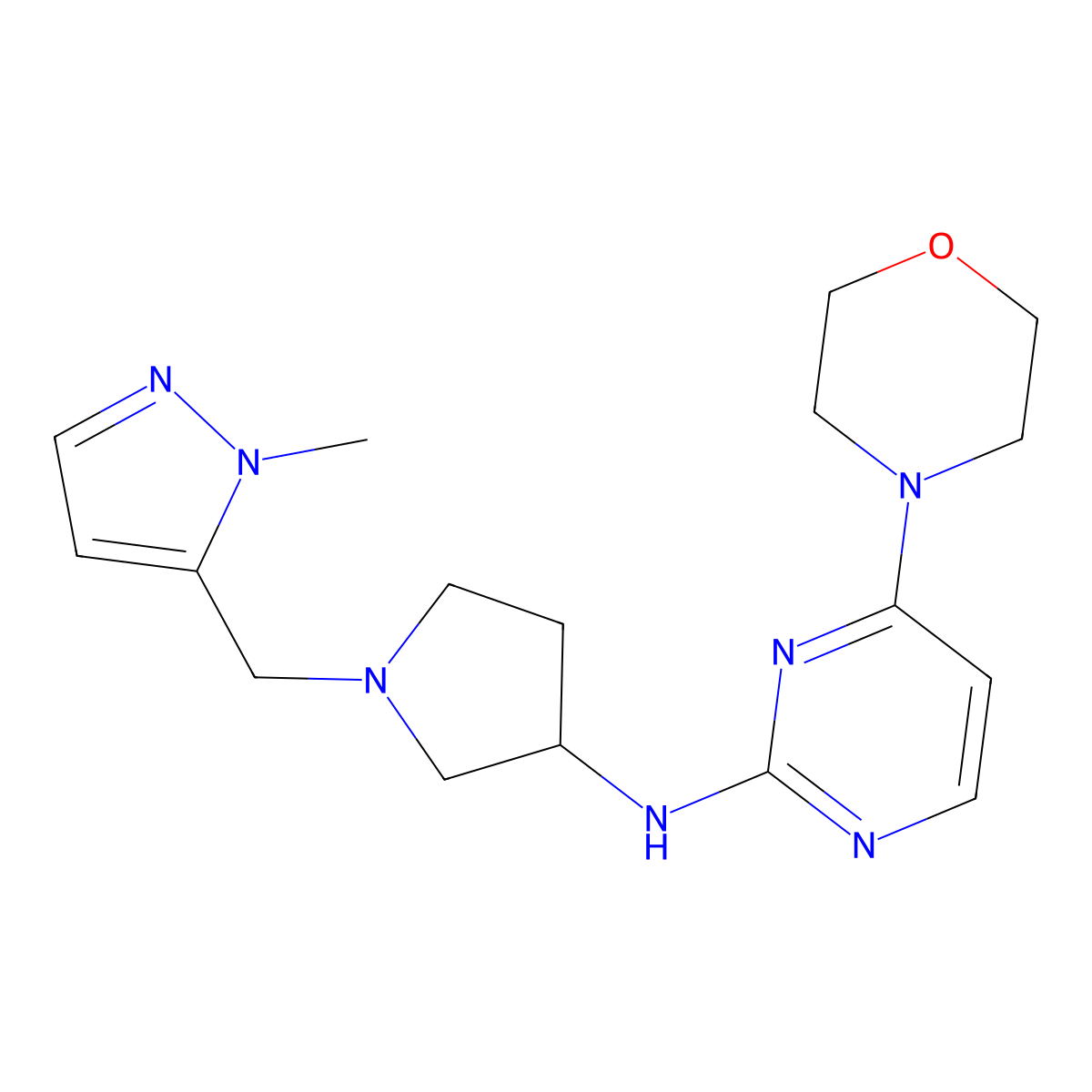 N-{1-[(1-methyl-1H-pyrazol-5-yl)methyl]pyrrolidin-3-yl}-4-(morpholin-4-yl)pyrimidin-2-amine molecular structure, CAS 3054560-17-4