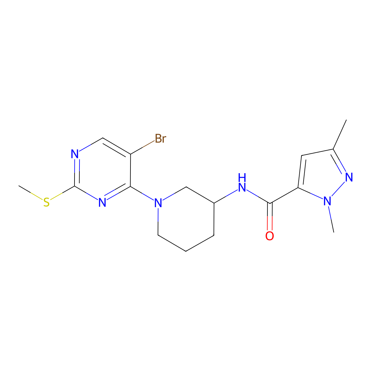 N-{1-[5-bromo-2-(methylsulfanyl)pyrimidin-4-yl]piperidin-3-yl}-1,3-dimethyl-1H-pyrazole-5-carboxamide molecular structure, CAS 3054560-19-6