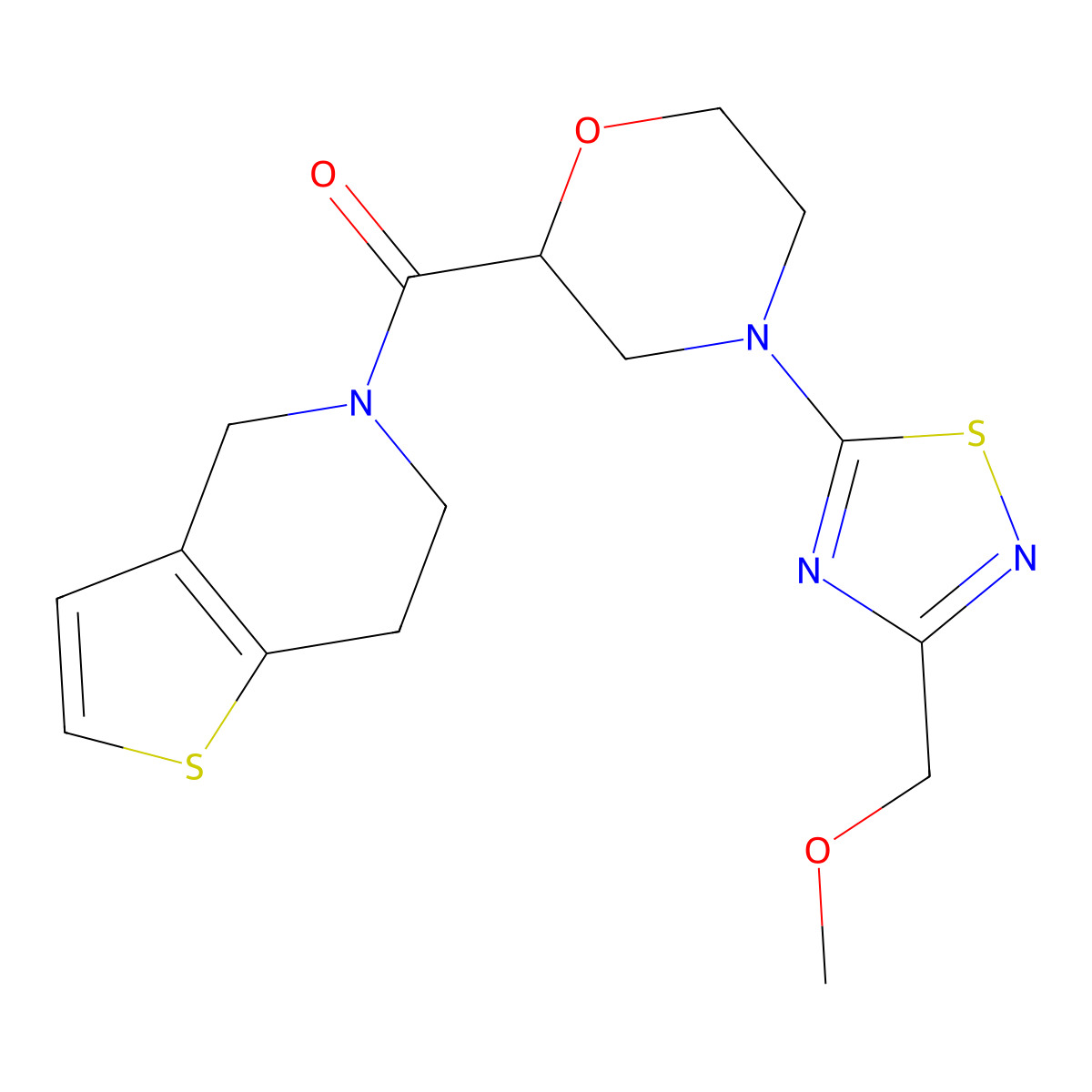 4-[3-(methoxymethyl)-1,2,4-thiadiazol-5-yl]-2-{4H,5H,6H,7H-thieno[3,2-c]pyridine-5-carbonyl}morpholine molecular structure, CAS 3054560-29-8