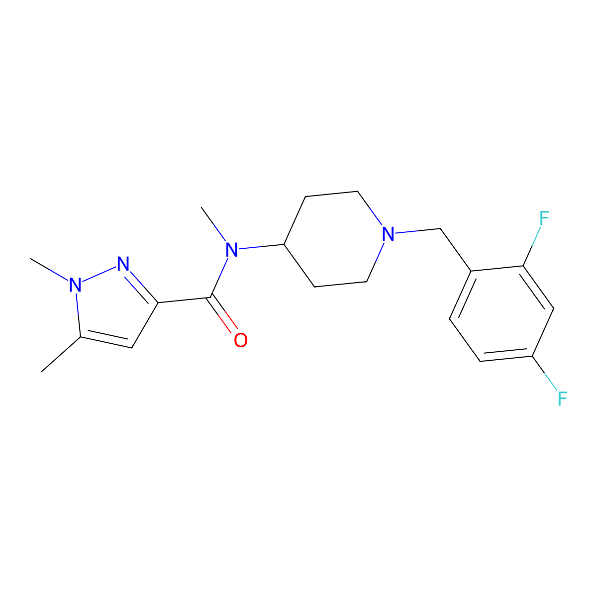 N-{1-[(2,4-difluorophenyl)methyl]piperidin-4-yl}-N,1,5-trimethyl-1H-pyrazole-3-carboxamide molecular structure, CAS 3054560-35-6