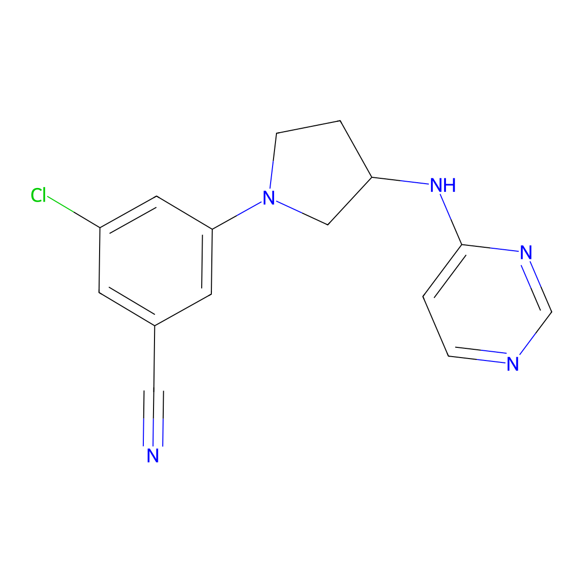 3-Chloro-5-{3-[(pyrimidin-4-yl)amino]pyrrolidin-1-yl}benzonitrile molecular structure, CAS 3054560-39-0
