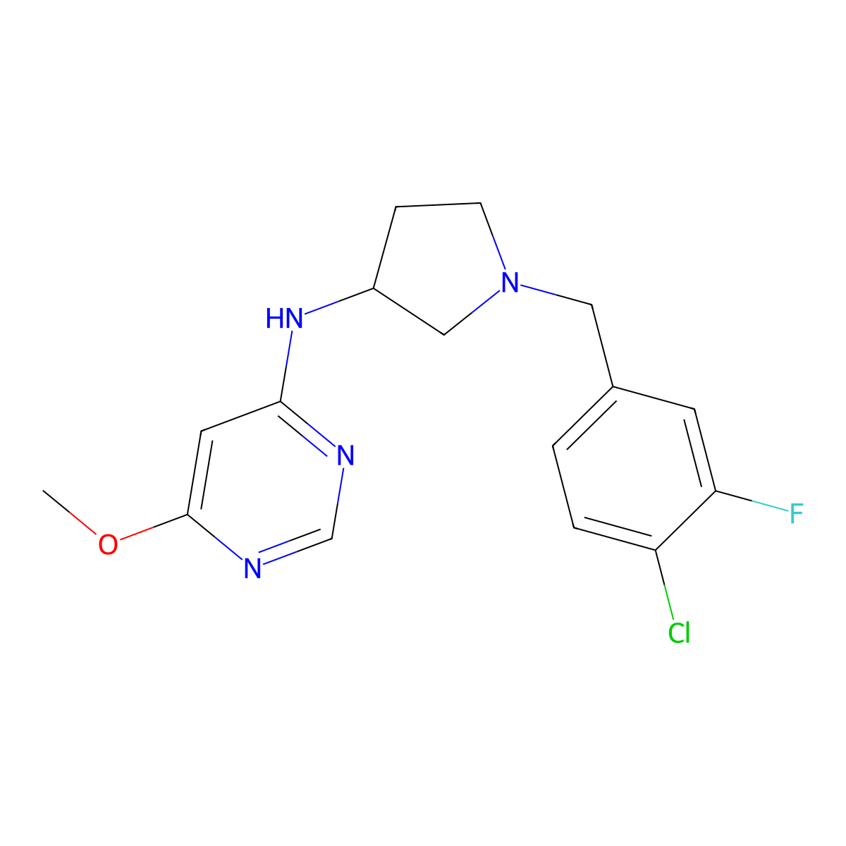N-[1-[(4-chloro-3-fluorophenyl)methyl]pyrrolidin-3-yl]-6-methoxypyrimidin-4-amine molecular structure, CAS 3054560-41-4