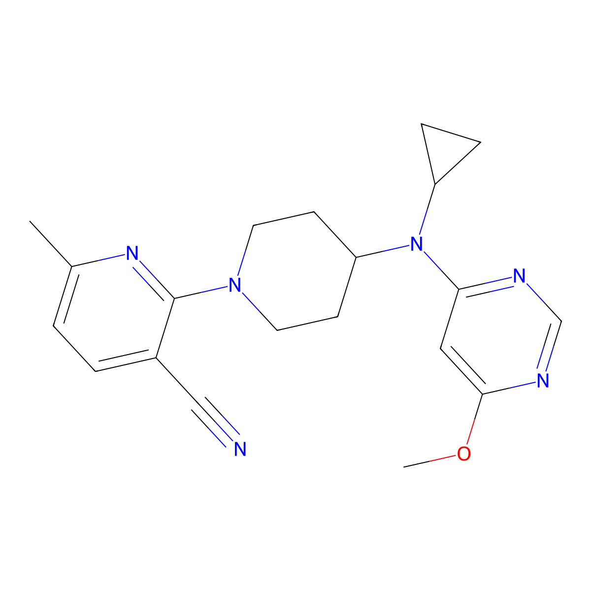 2-{4-[Cyclopropyl(6-methoxypyrimidin-4-yl)amino]piperidin-1-yl}-6-methylpyridine-3-carbonitrile molecular structure, CAS 3054560-43-6