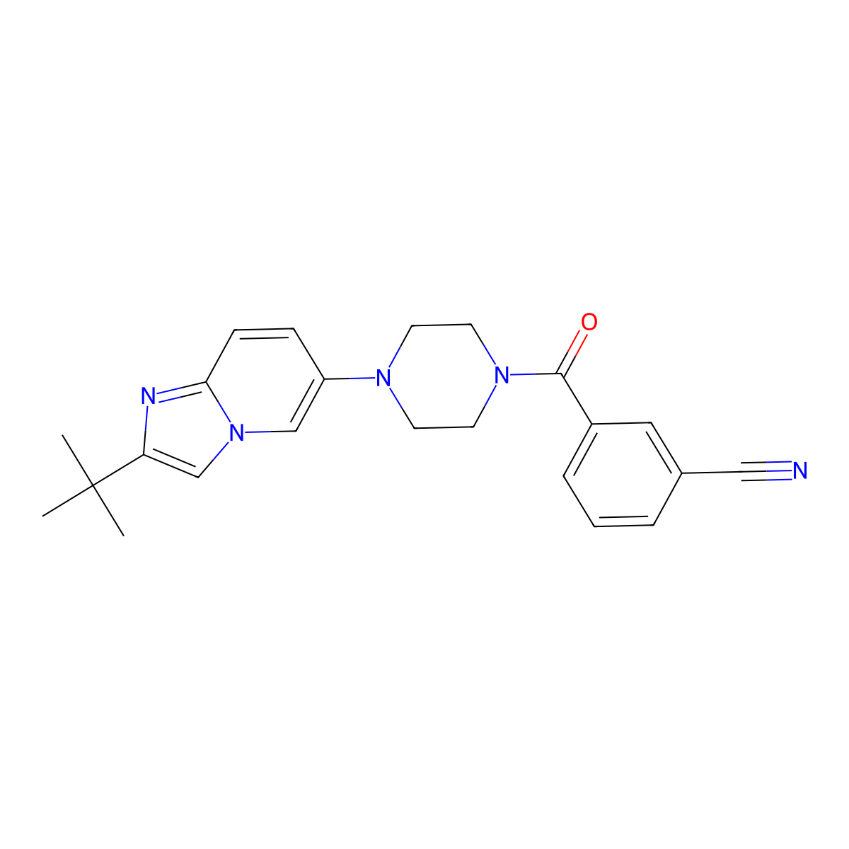 3-(4-{2-Tert-butylimidazo[1,2-a]pyridin-6-yl}piperazine-1-carbonyl)benzonitrile molecular structure, CAS 3054560-62-9