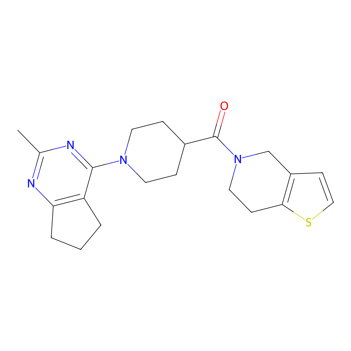 1-{2-methyl-5H,6H,7H-cyclopenta[d]pyrimidin-4-yl}-4-{4H,5H,6H,7H-thieno[3,2-c]pyridine-5-carbonyl}piperidine molecular structure, CAS 3054560-71-0