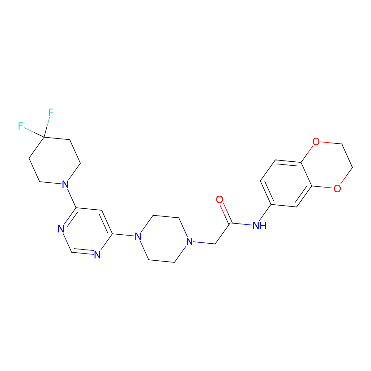 2-{4-[6-(4,4-difluoropiperidin-1-yl)pyrimidin-4-yl]piperazin-1-yl}-N-(2,3-dihydro-1,4-benzodioxin-6-yl)acetamide molecular structure, CAS 3054560-82-3