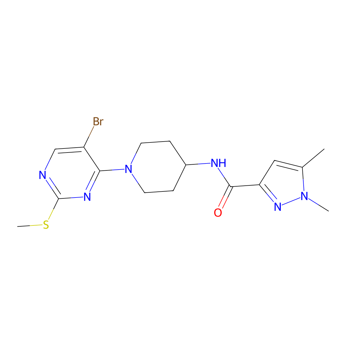 N-{1-[5-bromo-2-(methylsulfanyl)pyrimidin-4-yl]piperidin-4-yl}-1,5-dimethyl-1H-pyrazole-3-carboxamide molecular structure, CAS 3054560-92-5
