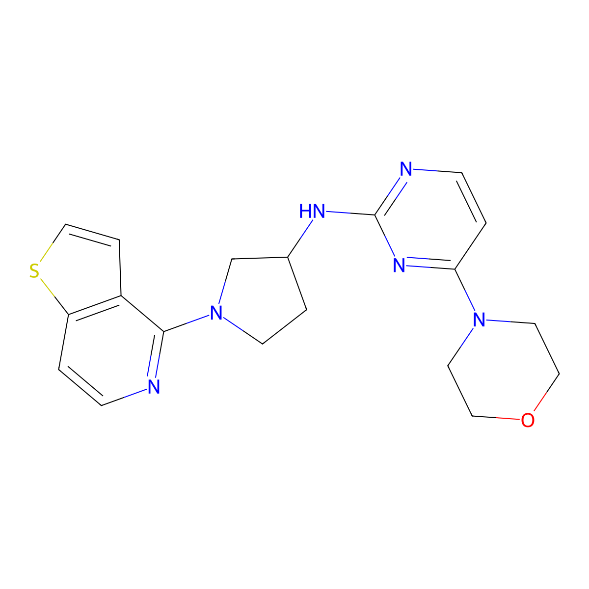 4-(morpholin-4-yl)-N-(1-{thieno[3,2-c]pyridin-4-yl}pyrrolidin-3-yl)pyrimidin-2-amine molecular structure, CAS 3054561-01-9