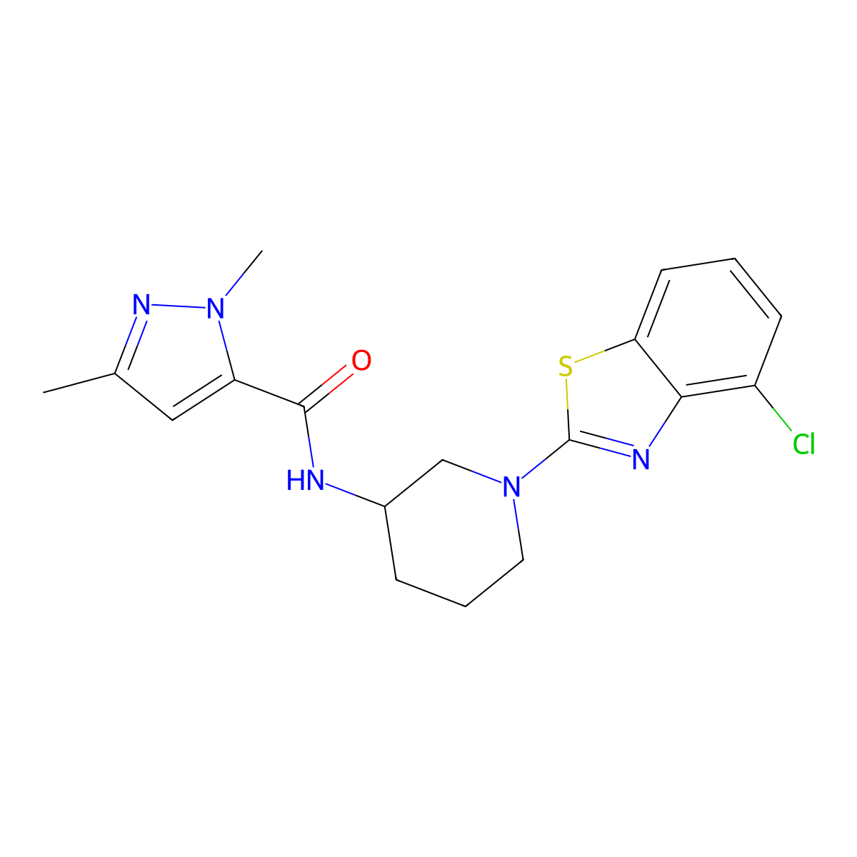 N-[1-(4-chloro-1,3-benzothiazol-2-yl)piperidin-3-yl]-1,3-dimethyl-1H-pyrazole-5-carboxamide molecular structure, CAS 3054561-02-0
