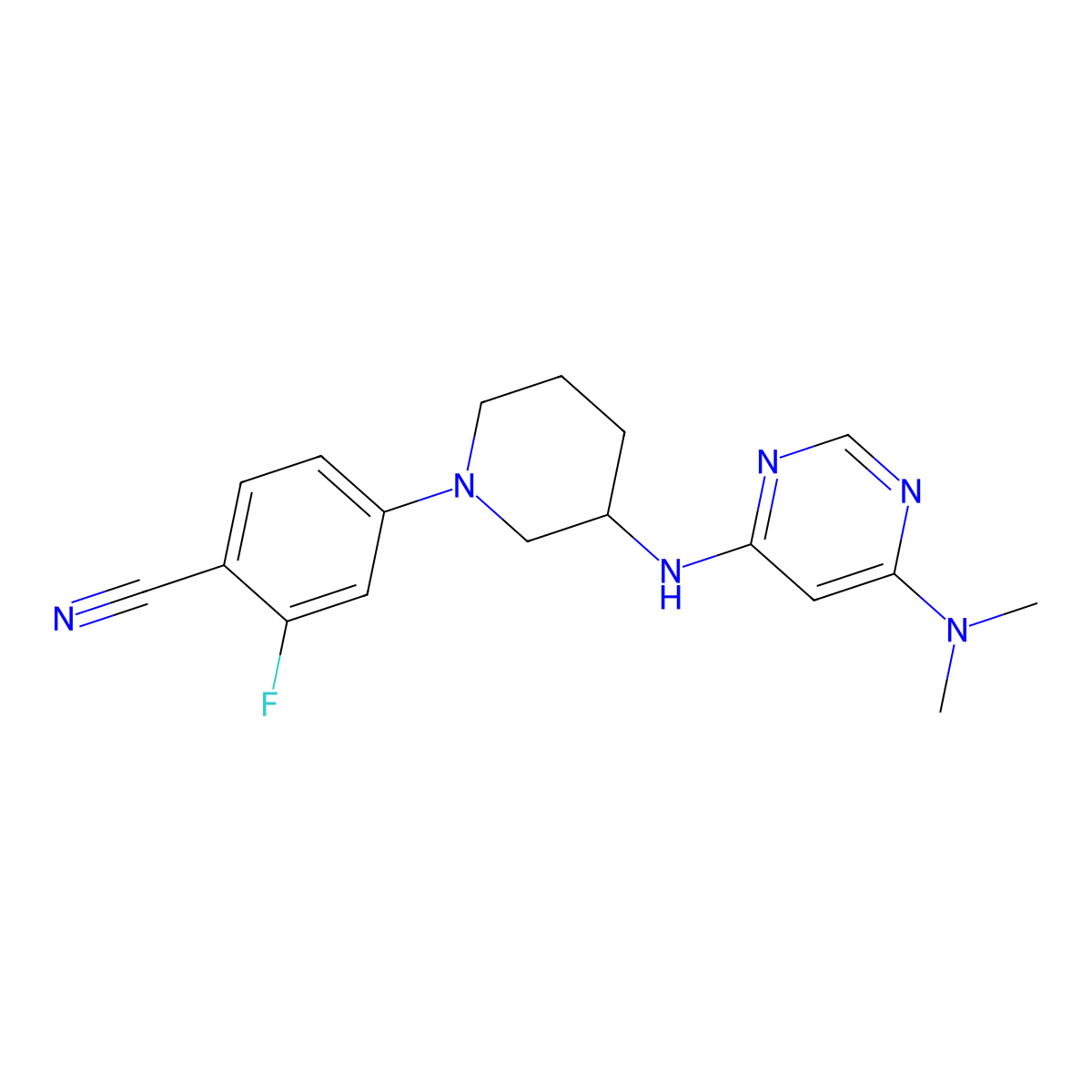 4-(3-{[6-(Dimethylamino)pyrimidin-4-yl]amino}piperidin-1-yl)-2-fluorobenzonitrile molecular structure, CAS 3054561-05-3