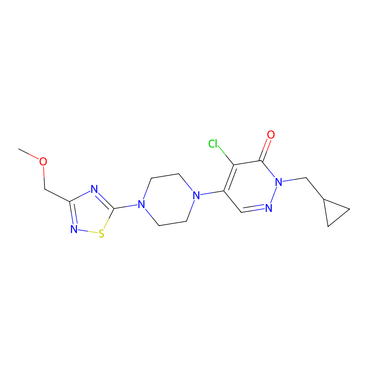 4-Chloro-2-(cyclopropylmethyl)-5-{4-[3-(methoxymethyl)-1,2,4-thiadiazol-5-yl]piperazin-1-yl}-2,3-dihydropyridazin-3-one molecular structure, CAS 3054561-08-6