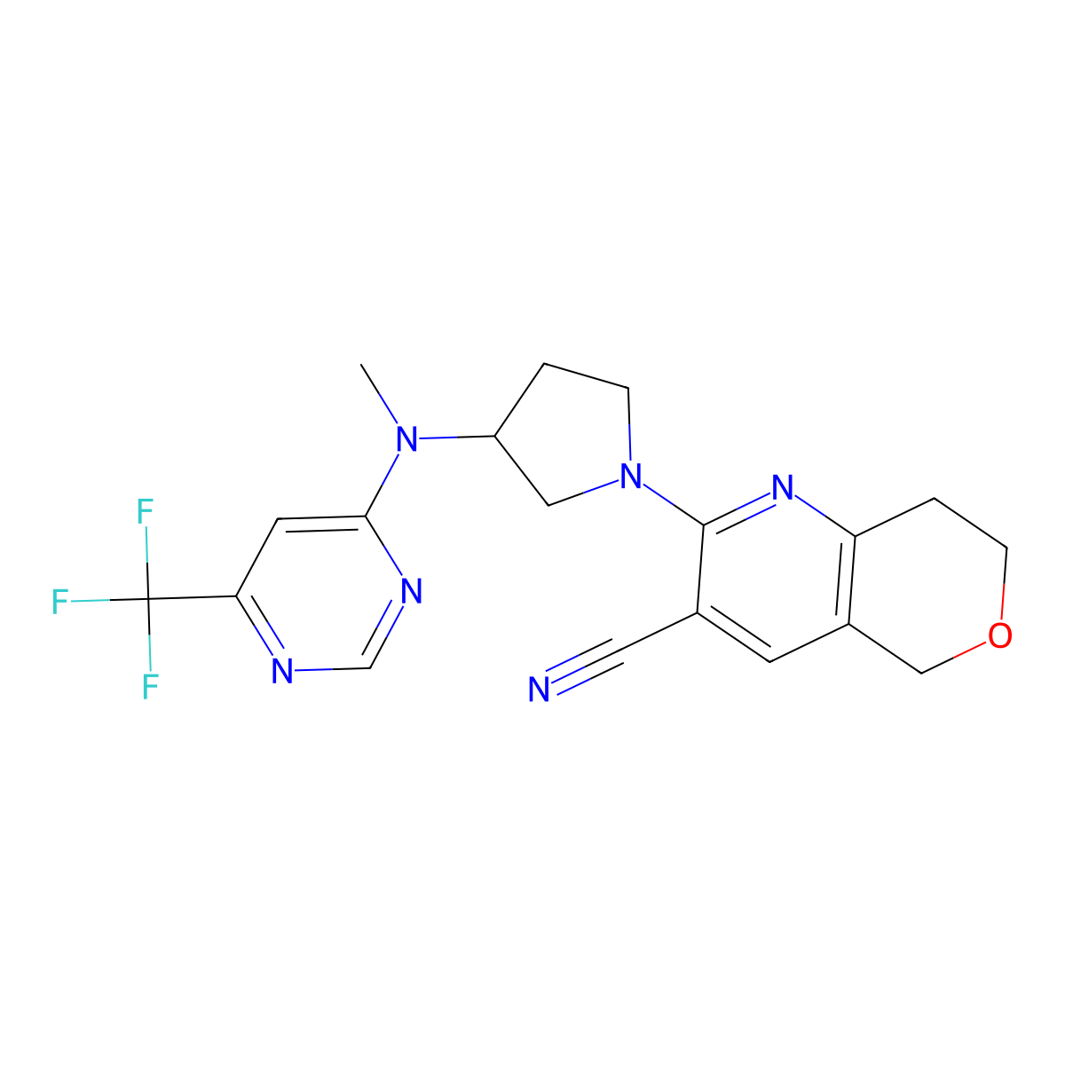 2-(3-{methyl[6-(trifluoromethyl)pyrimidin-4-yl]amino}pyrrolidin-1-yl)-5H,7H,8H-pyrano[4,3-b]pyridine-3-carbonitrile molecular structure, CAS 3054561-12-2