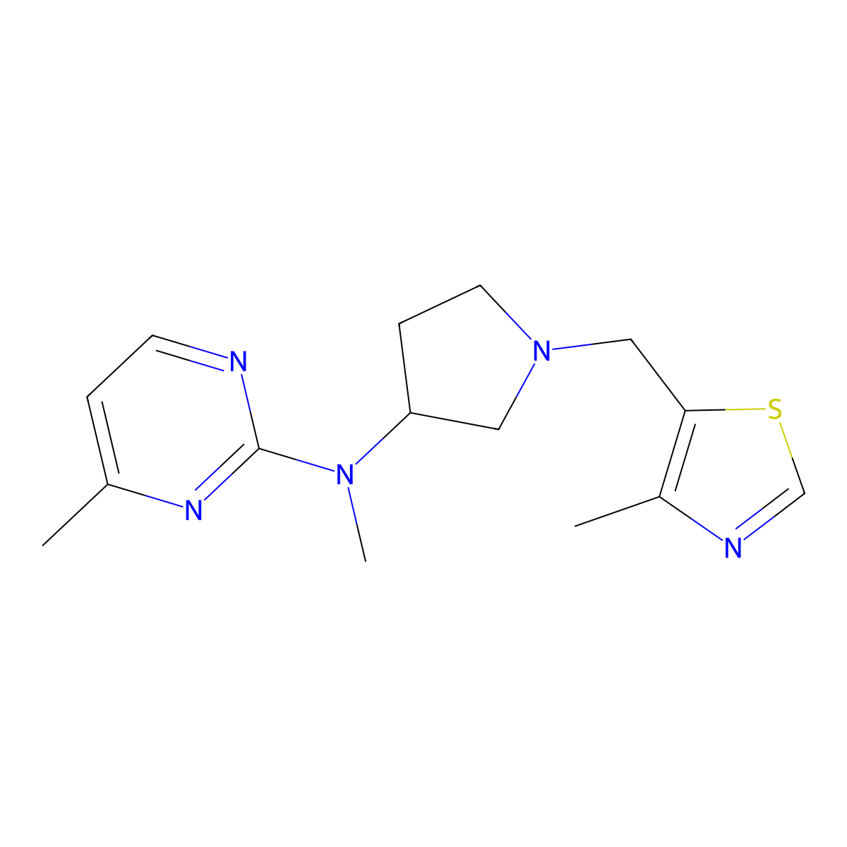N,4-dimethyl-N-{1-[(4-methyl-1,3-thiazol-5-yl)methyl]pyrrolidin-3-yl}pyrimidin-2-amine molecular structure, CAS 3054561-14-4