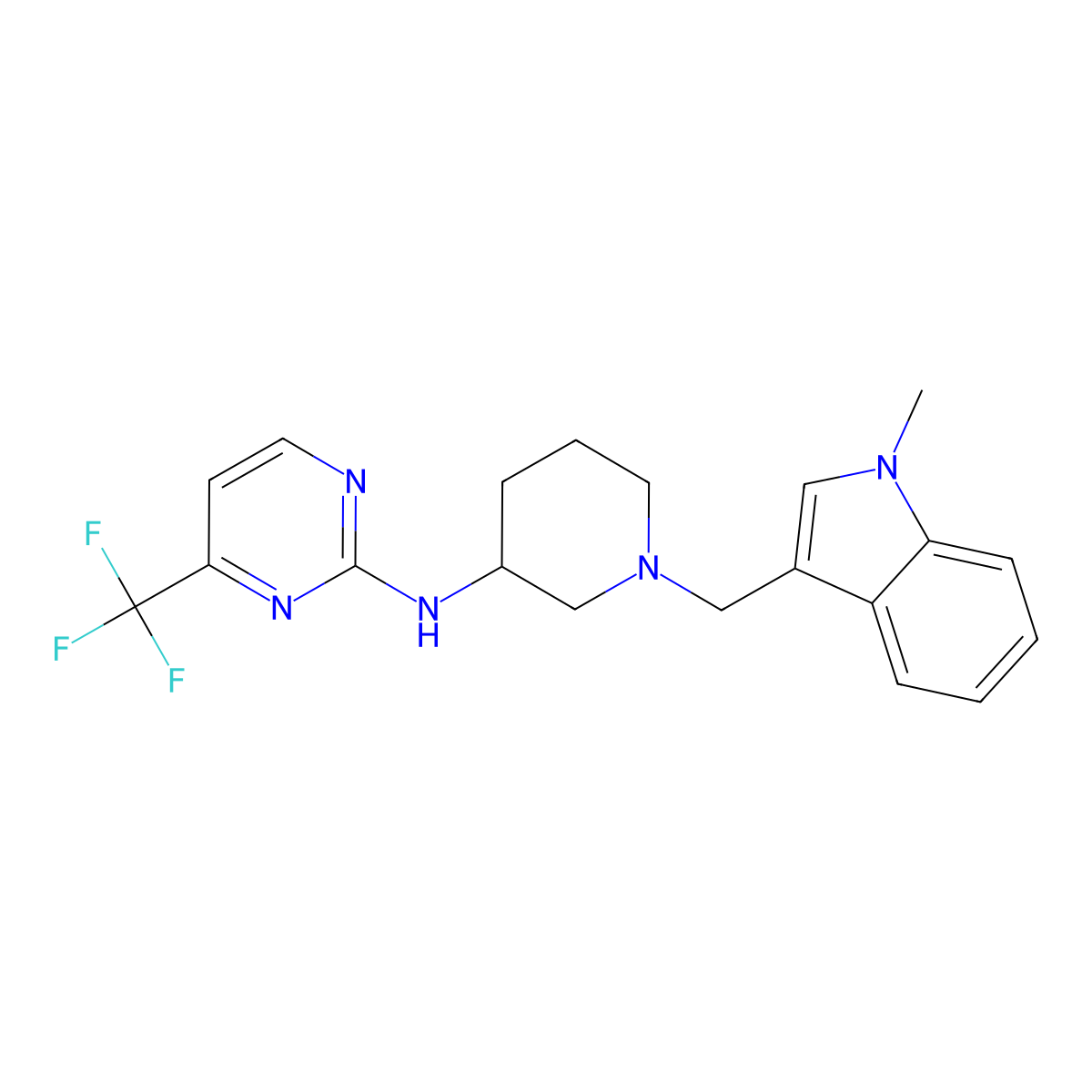 N-{1-[(1-methyl-1H-indol-3-yl)methyl]piperidin-3-yl}-4-(trifluoromethyl)pyrimidin-2-amine molecular structure, CAS 3054561-16-6