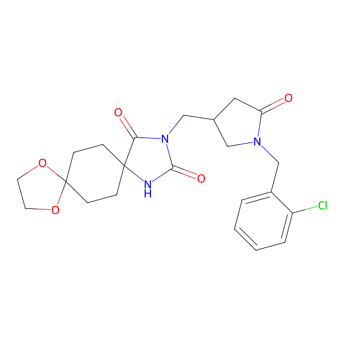 3-({1-[(2-Chlorophenyl)methyl]-5-oxopyrrolidin-3-yl}methyl)-9,12-dioxa-1,3-diazadispiro[4.2.4.2]tetradecane-2,4-dione molecular structure, CAS 3054561-22-4