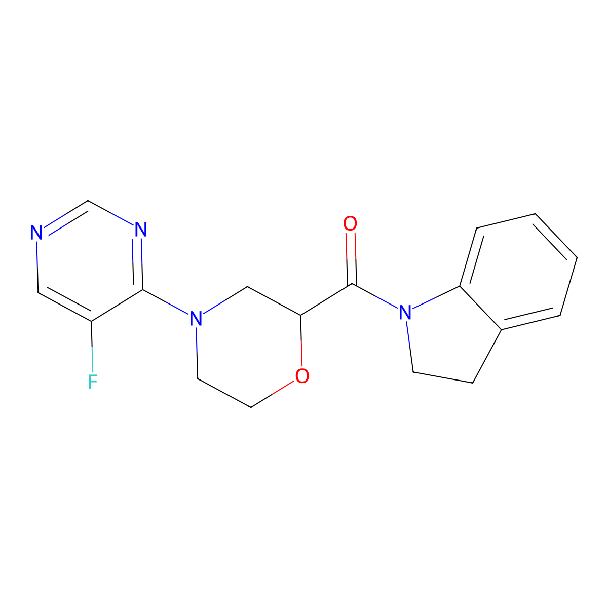 1-[4-(5-fluoropyrimidin-4-yl)morpholine-2-carbonyl]-2,3-dihydro-1H-indole molecular structure, CAS 3054561-23-5