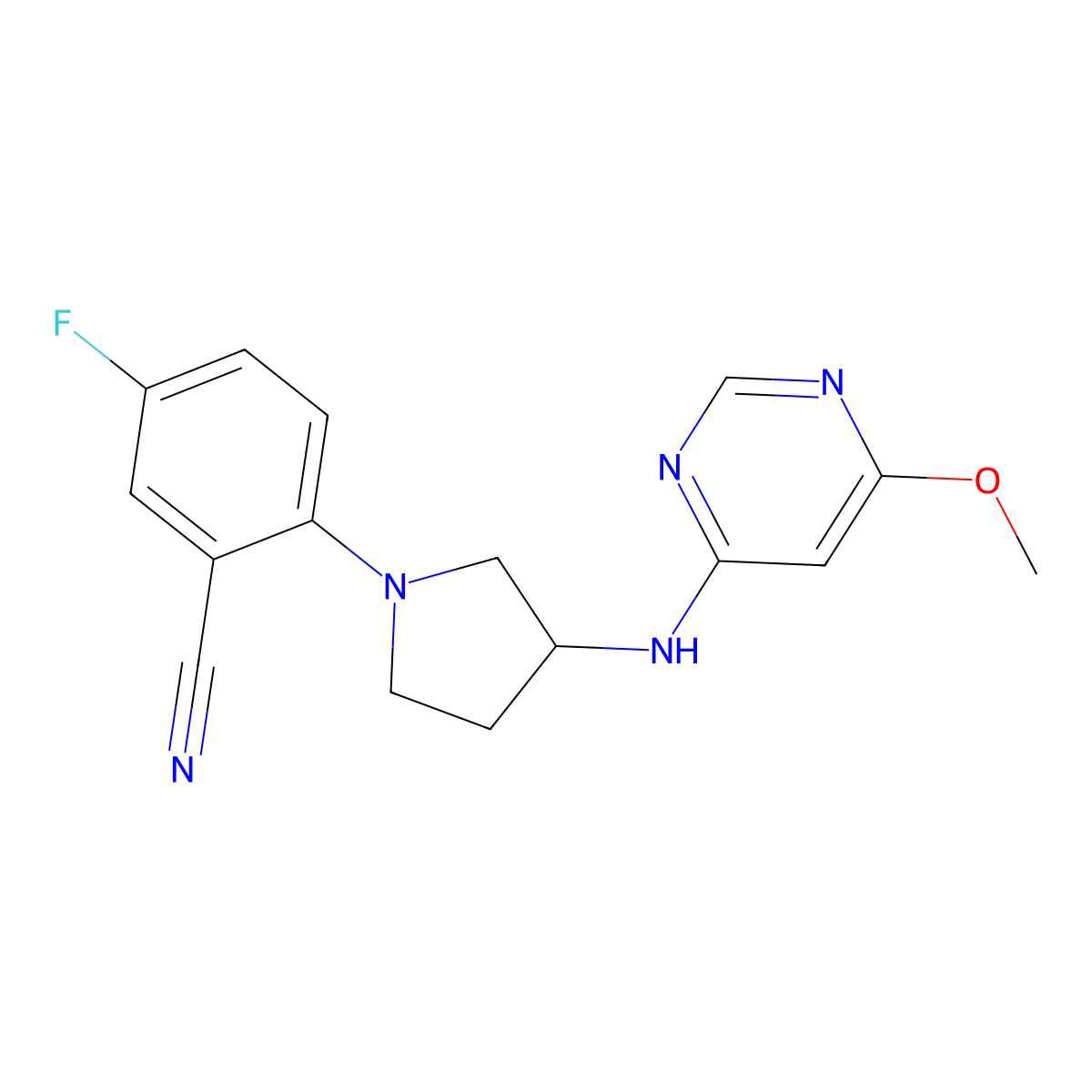 5-Fluoro-2-{3-[(6-methoxypyrimidin-4-yl)amino]pyrrolidin-1-yl}benzonitrile molecular structure, CAS 3054561-27-9