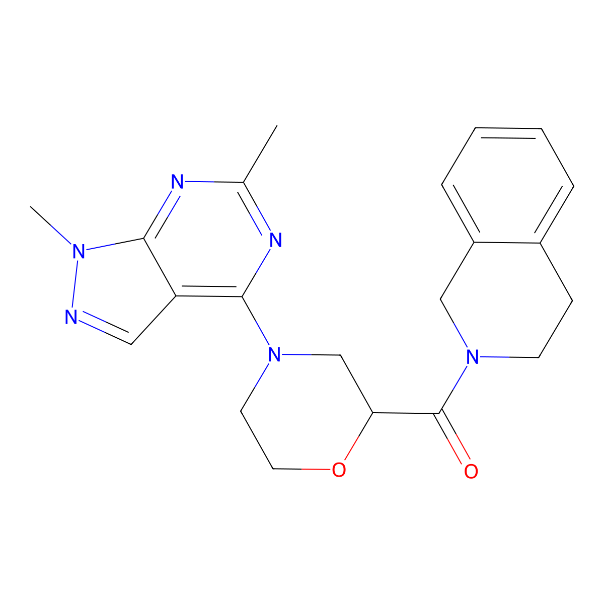 2-(4-{1,6-dimethyl-1H-pyrazolo[3,4-d]pyrimidin-4-yl}morpholine-2-carbonyl)-1,2,3,4-tetrahydroisoquinoline molecular structure, CAS 3054561-28-0