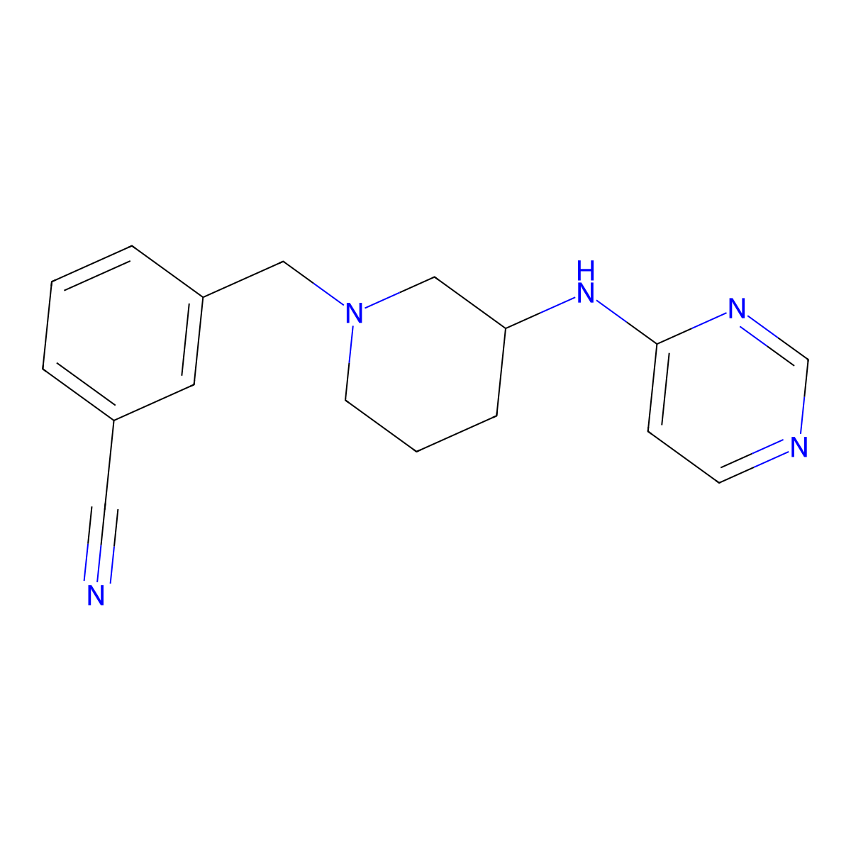 3-({3-[(Pyrimidin-4-yl)amino]piperidin-1-yl}methyl)benzonitrile molecular structure, CAS 3054561-42-8
