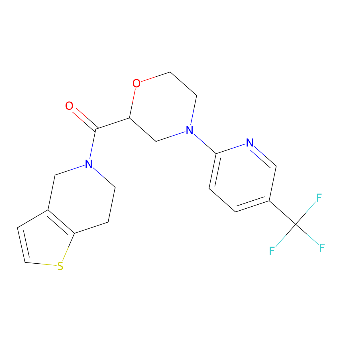 2-{4H,5H,6H,7H-thieno[3,2-c]pyridine-5-carbonyl}-4-[5-(trifluoromethyl)pyridin-2-yl]morpholine molecular structure, CAS 3054561-53-1
