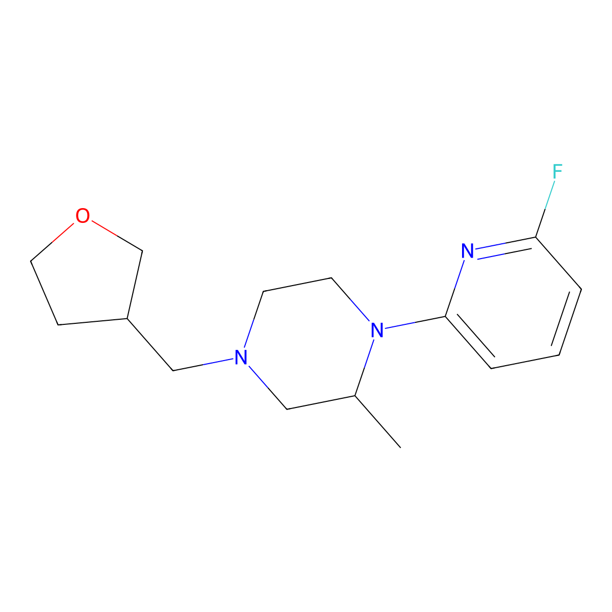 1-(6-Fluoropyridin-2-yl)-2-methyl-4-(oxolan-3-ylmethyl)piperazine molecular structure, CAS 3054561-56-4