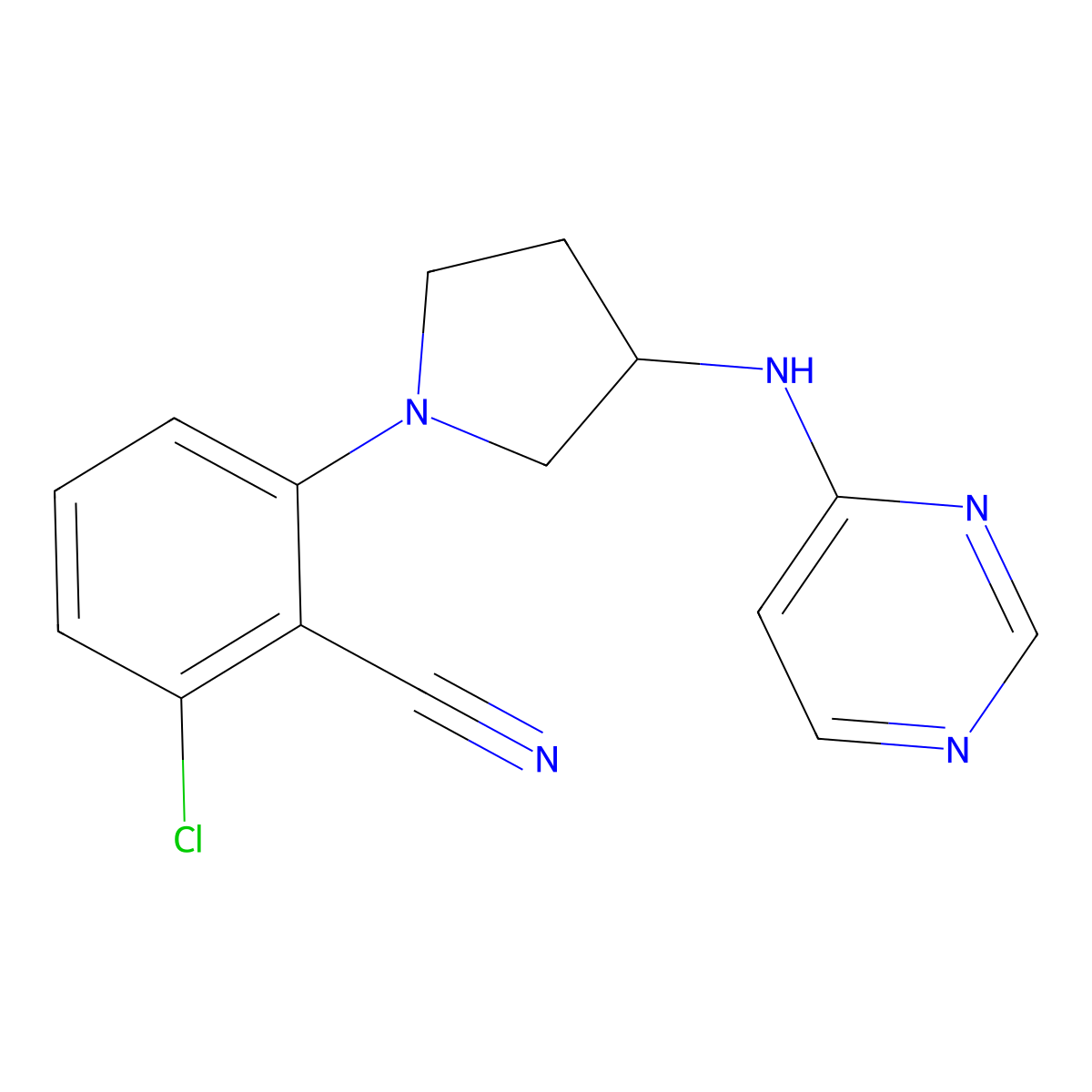 2-Chloro-6-[3-(pyrimidin-4-ylamino)pyrrolidin-1-yl]benzonitrile molecular structure, CAS 3054561-59-7