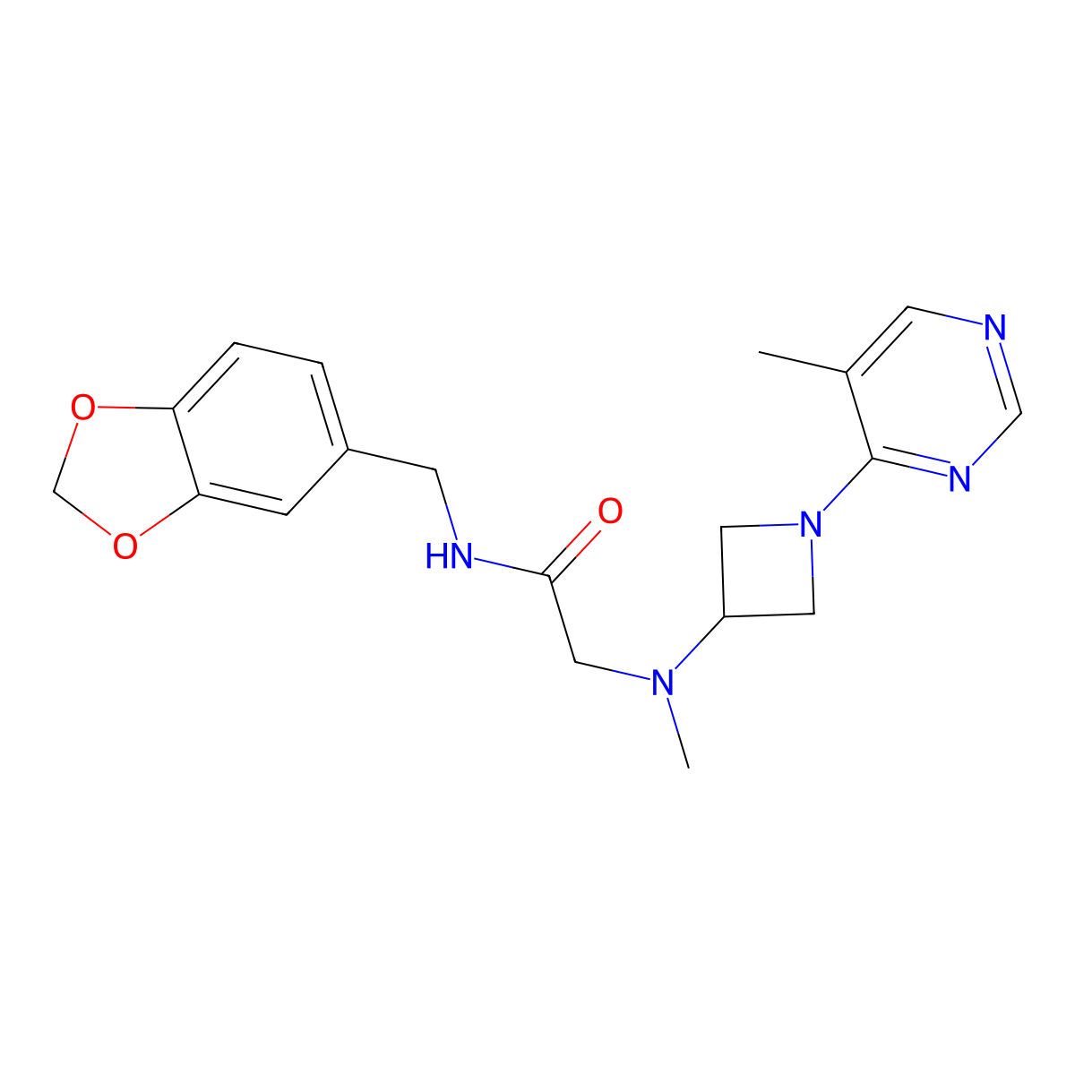 N-[(2H-1,3-benzodioxol-5-yl)methyl]-2-{methyl[1-(5-methylpyrimidin-4-yl)azetidin-3-yl]amino}acetamide molecular structure, CAS 3054561-71-3