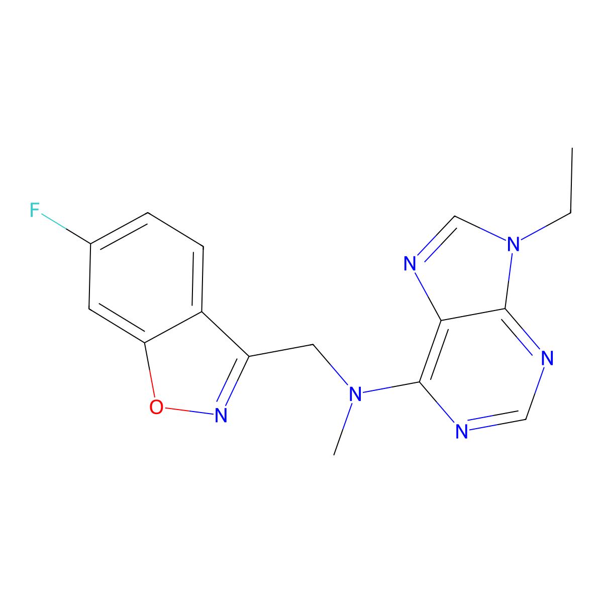 9-ethyl-N-[(6-fluoro-1,2-benzoxazol-3-yl)methyl]-N-methyl-9H-purin-6-amine molecular structure, CAS 3054561-73-5