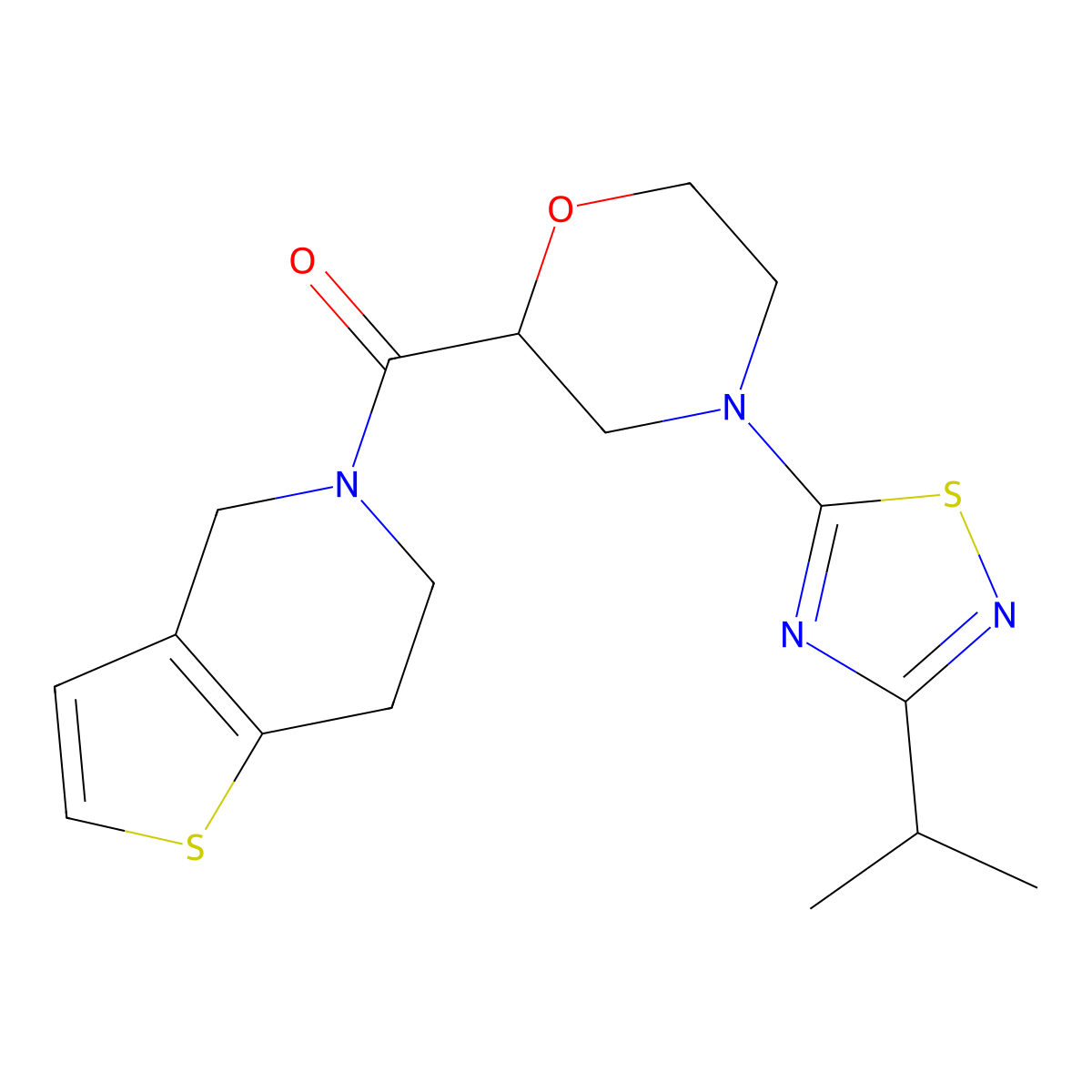 4-[3-(propan-2-yl)-1,2,4-thiadiazol-5-yl]-2-{4H,5H,6H,7H-thieno[3,2-c]pyridine-5-carbonyl}morpholine molecular structure, CAS 3054561-84-8