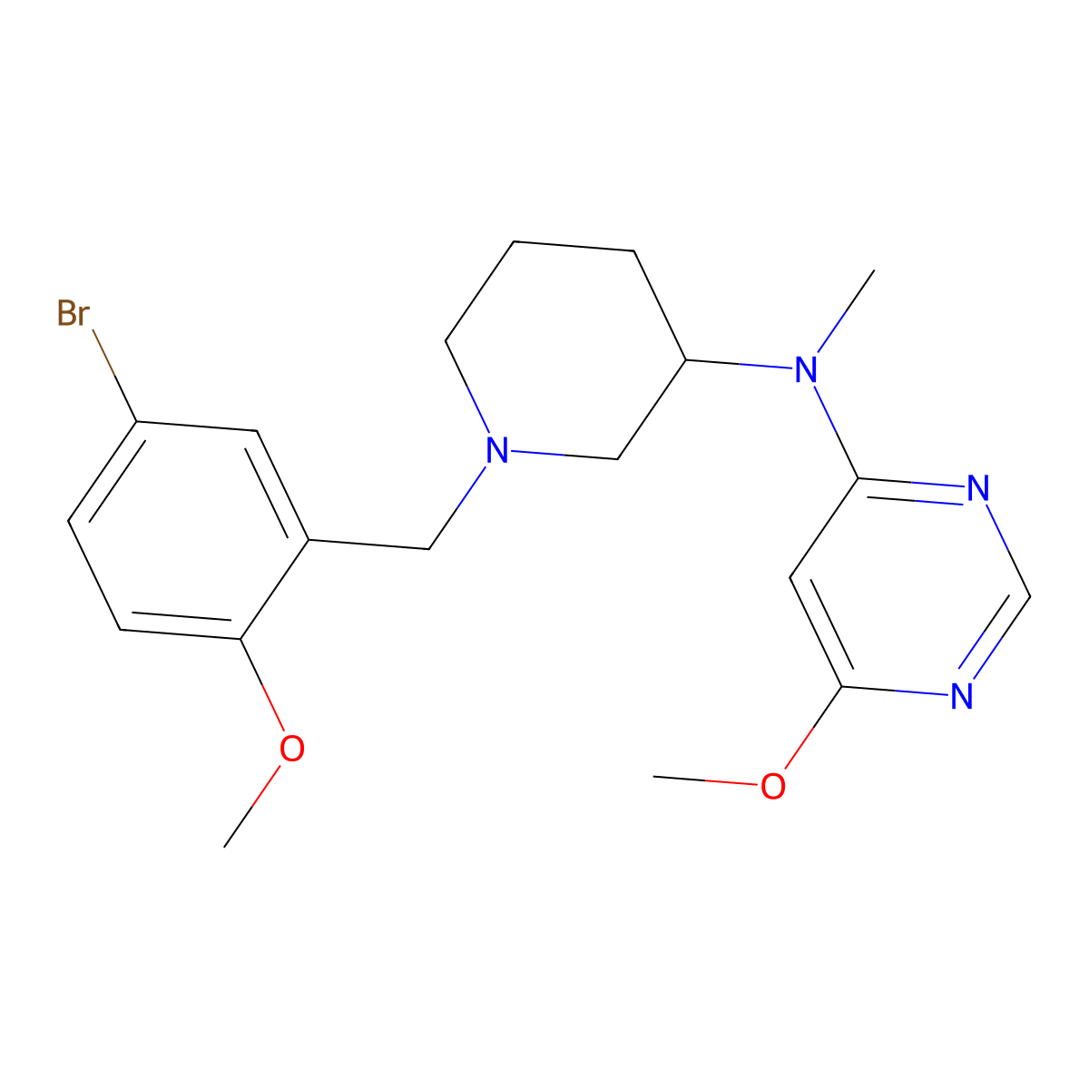 N-{1-[(5-bromo-2-methoxyphenyl)methyl]piperidin-3-yl}-6-methoxy-N-methylpyrimidin-4-amine molecular structure, CAS 3054561-86-0