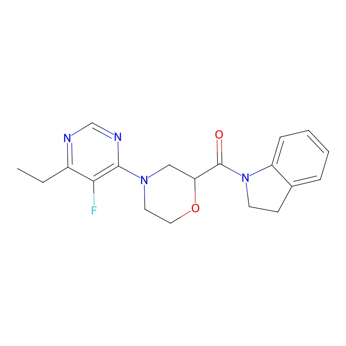 1-[4-(6-ethyl-5-fluoropyrimidin-4-yl)morpholine-2-carbonyl]-2,3-dihydro-1H-indole molecular structure, CAS 3054561-90-6