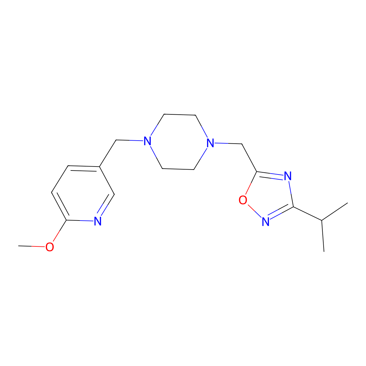 1-[(6-Methoxypyridin-3-yl)methyl]-4-{[3-(propan-2-yl)-1,2,4-oxadiazol-5-yl]methyl}piperazine molecular structure, CAS 3054561-91-7