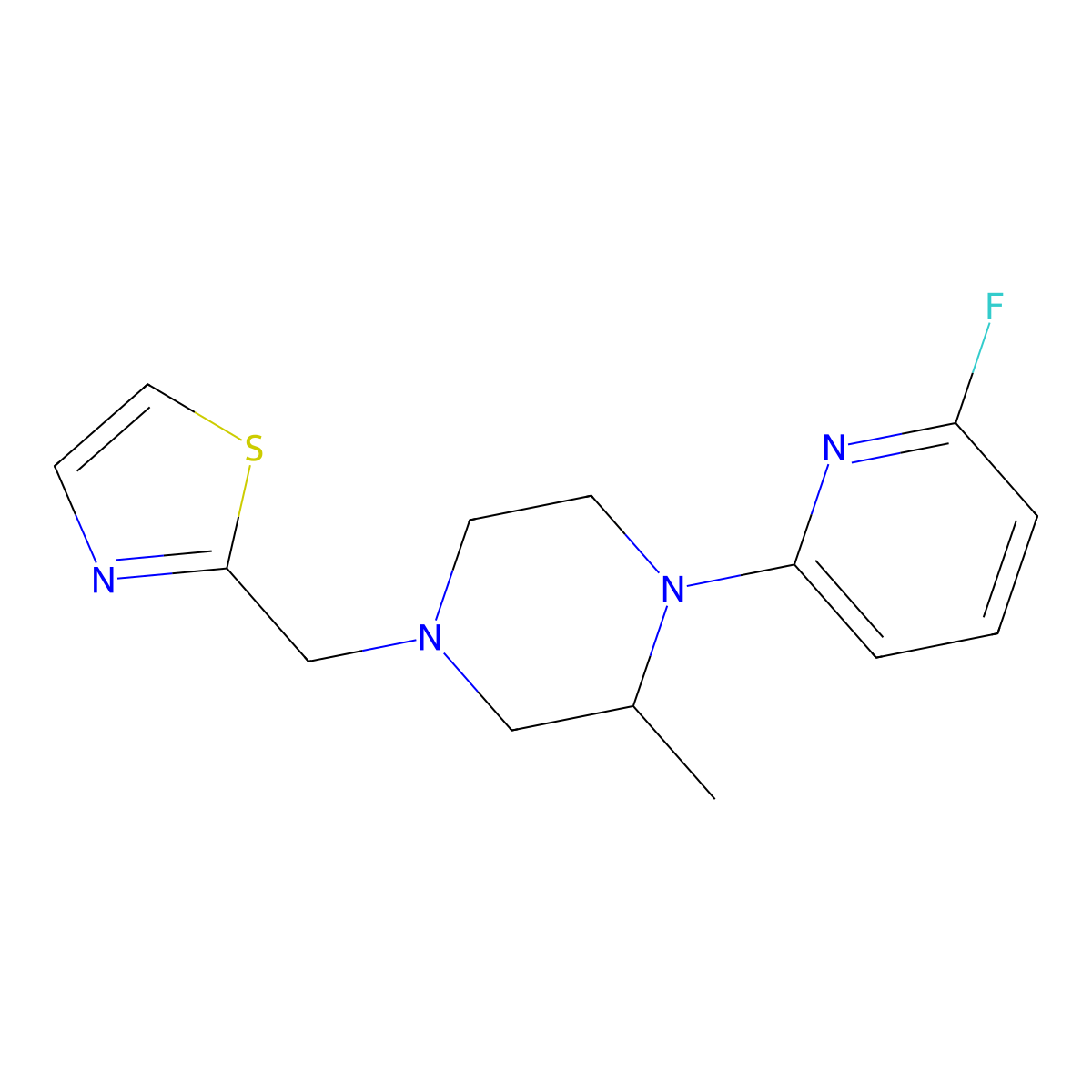 1-(6-Fluoropyridin-2-yl)-2-methyl-4-[(1,3-thiazol-2-yl)methyl]piperazine molecular structure, CAS 3054561-92-8