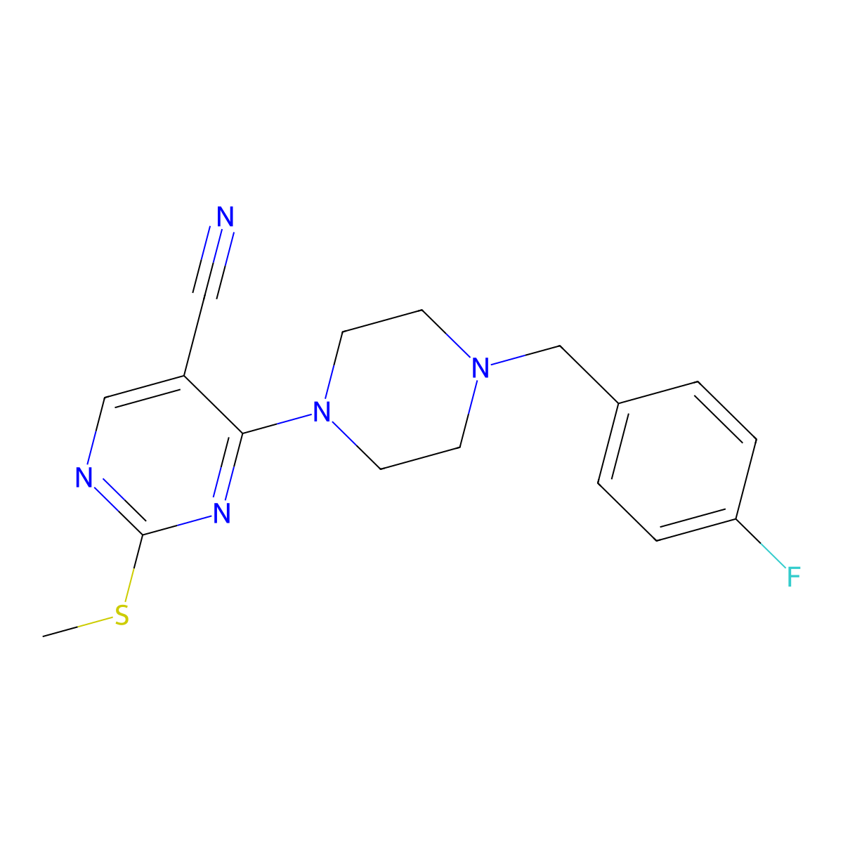 4-{4-[(4-Fluorophenyl)methyl]piperazin-1-yl}-2-(methylsulfanyl)pyrimidine-5-carbonitrile molecular structure, CAS 3054562-07-8