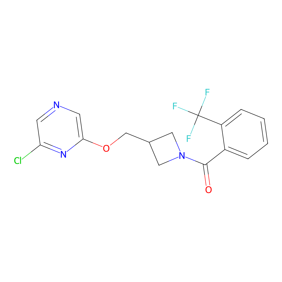2-Chloro-6-({1-[2-(trifluoromethyl)benzoyl]azetidin-3-yl}methoxy)pyrazine molecular structure, CAS 3054562-11-4