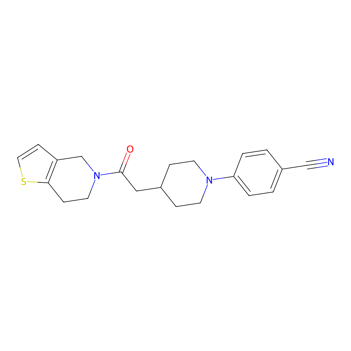 4-[4-(2-oxo-2-{4H,5H,6H,7H-thieno[3,2-c]pyridin-5-yl}ethyl)piperidin-1-yl]benzonitrile molecular structure, CAS 3054562-16-9