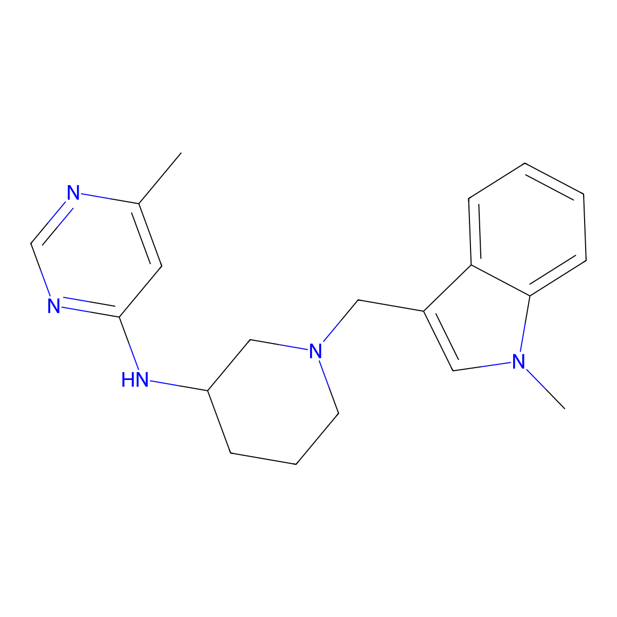 6-methyl-N-{1-[(1-methyl-1H-indol-3-yl)methyl]piperidin-3-yl}pyrimidin-4-amine molecular structure, CAS 3054562-18-1