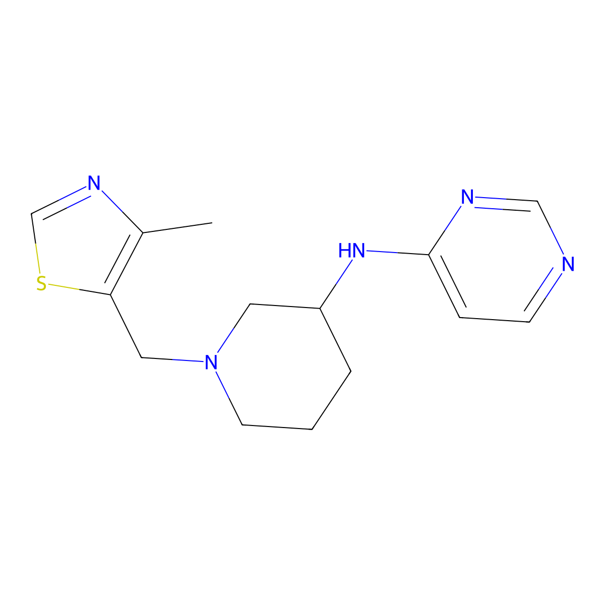 N-{1-[(4-methyl-1,3-thiazol-5-yl)methyl]piperidin-3-yl}pyrimidin-4-amine molecular structure, CAS 3054562-23-8