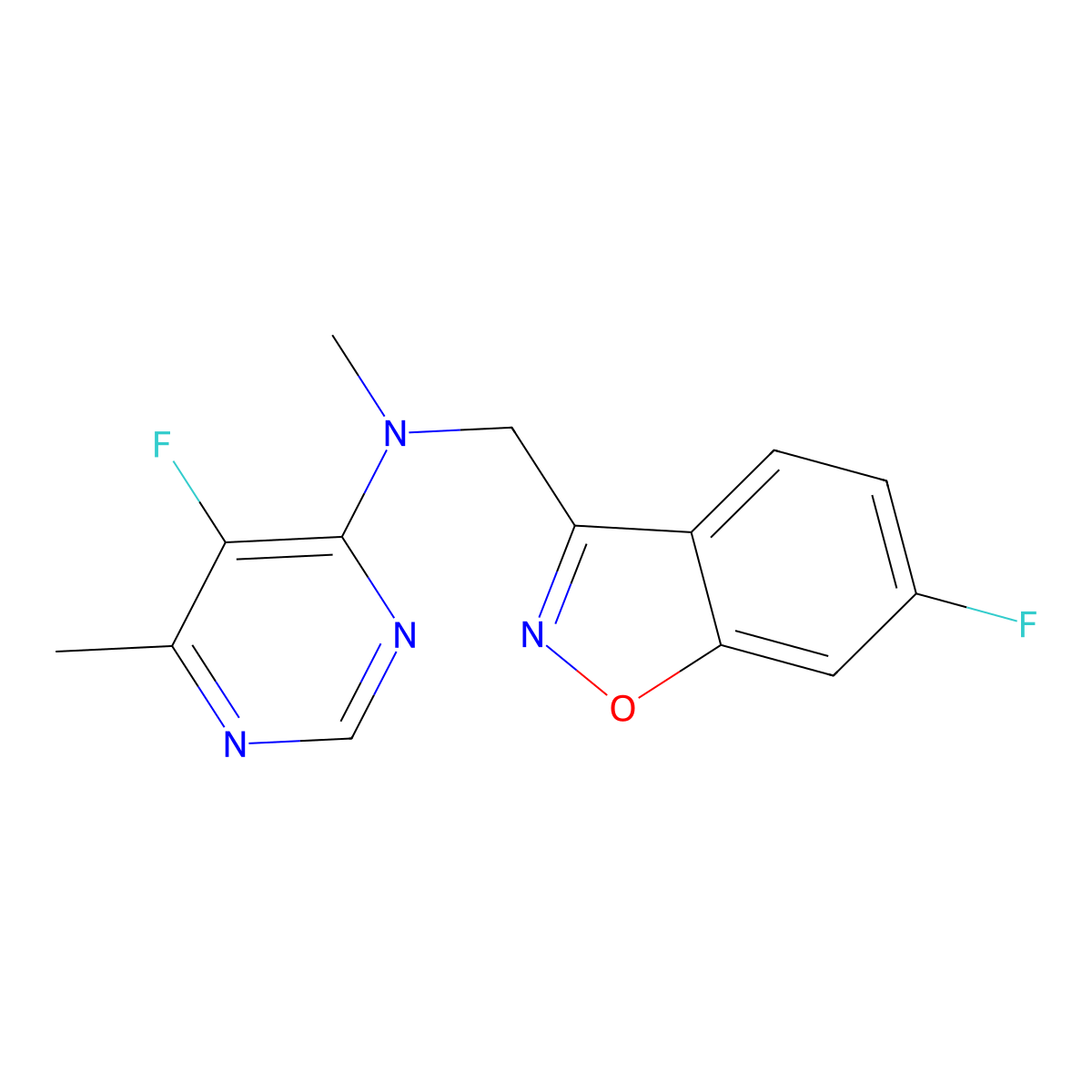 5-fluoro-N-[(6-fluoro-1,2-benzoxazol-3-yl)methyl]-N,6-dimethylpyrimidin-4-amine molecular structure, CAS 3054562-24-9