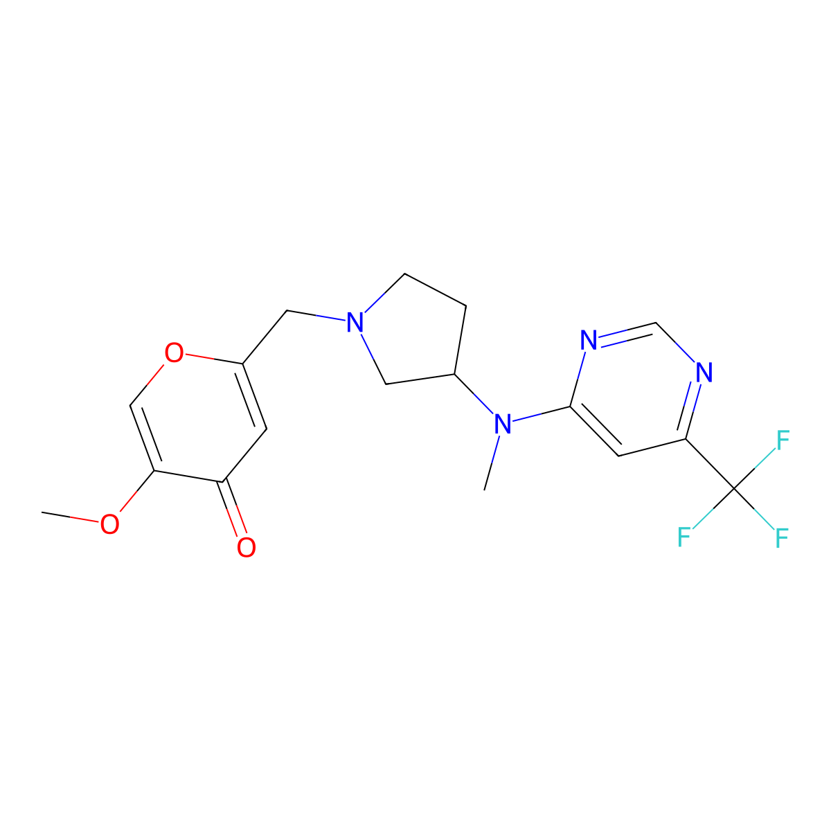 5-methoxy-2-[(3-{methyl[6-(trifluoromethyl)pyrimidin-4-yl]amino}pyrrolidin-1-yl)methyl]-4H-pyran-4-one molecular structure, CAS 3054562-25-0