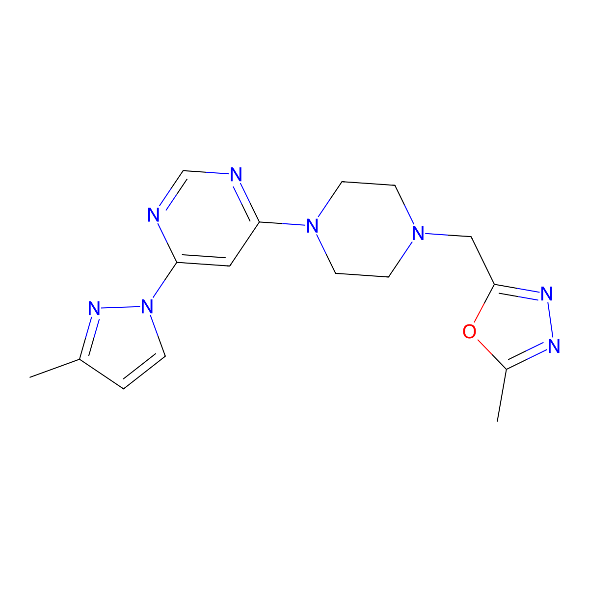 4-{4-[(5-methyl-1,3,4-oxadiazol-2-yl)methyl]piperazin-1-yl}-6-(3-methyl-1H-pyrazol-1-yl)pyrimidine molecular structure, CAS 3054562-26-1