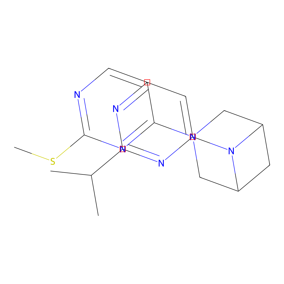 3-[2-(Methylsulfanyl)pyrimidin-4-yl]-6-[2-(propan-2-yl)pyrimidin-4-yl]-3,6-diazabicyclo[3.1.1]heptane molecular structure, CAS 3054562-32-9