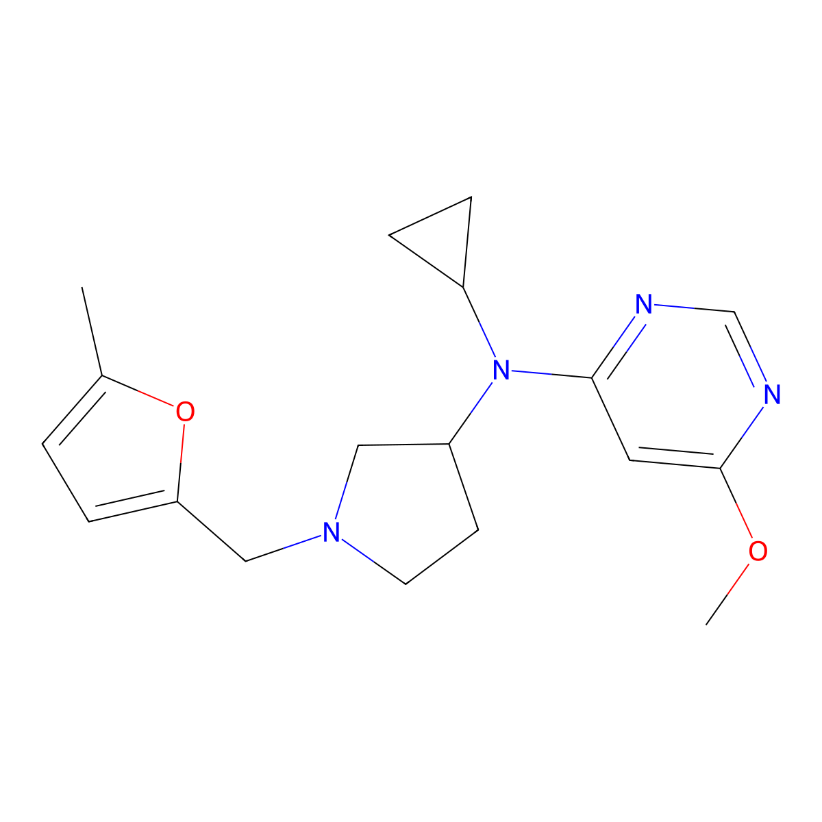 N-cyclopropyl-6-methoxy-N-{1-[(5-methylfuran-2-yl)methyl]pyrrolidin-3-yl}pyrimidin-4-amine molecular structure, CAS 3054562-44-3