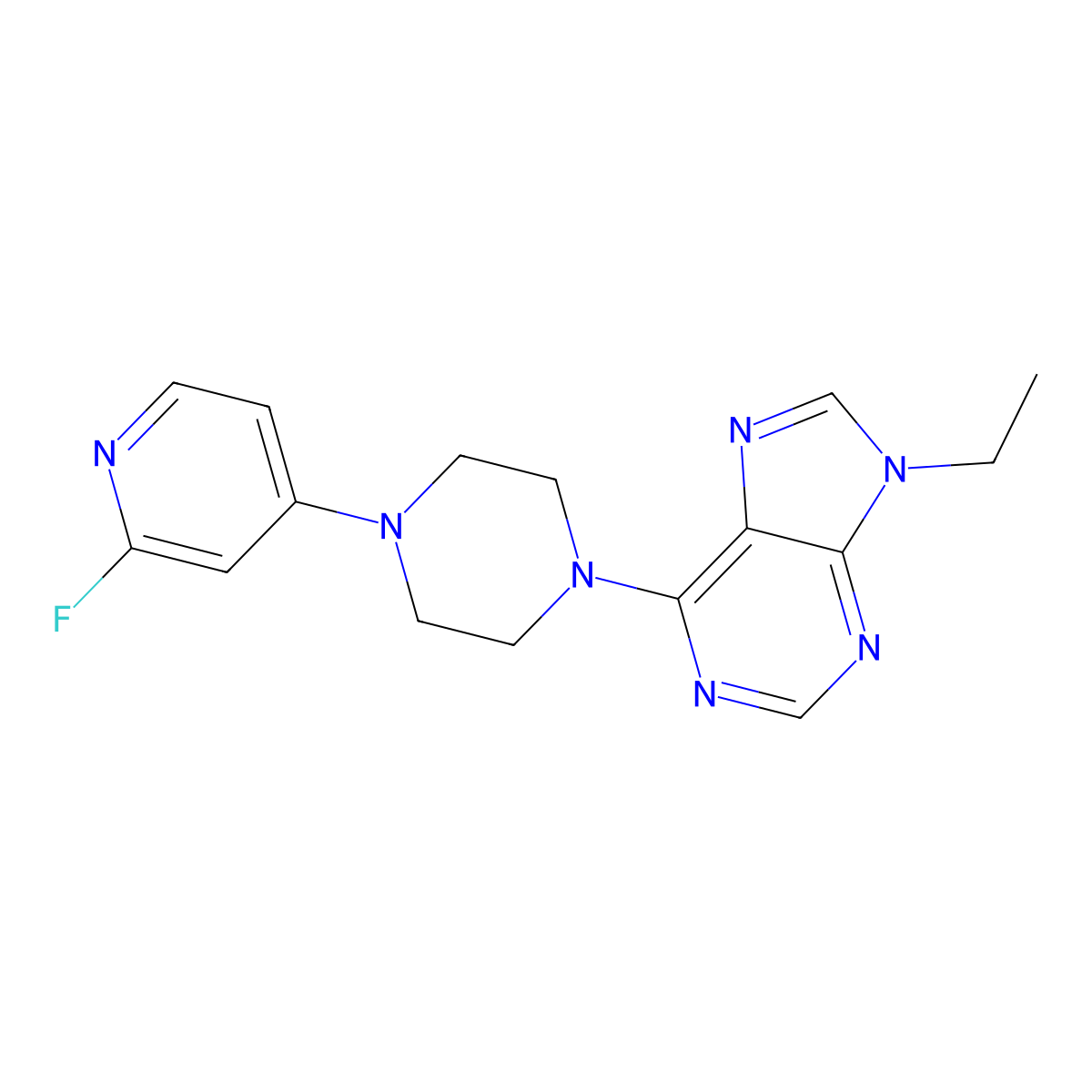9-ethyl-6-[4-(2-fluoropyridin-4-yl)piperazin-1-yl]-9H-purine molecular structure, CAS 3054562-49-8